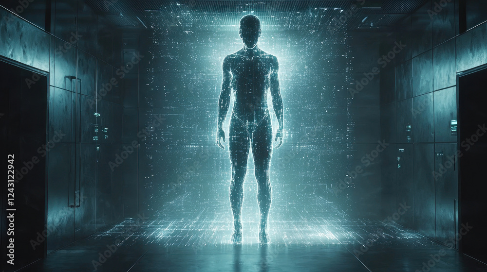Quantum superposition reveals a human figure merging states in a futuristic cybernetic realm with shimmering probability waves