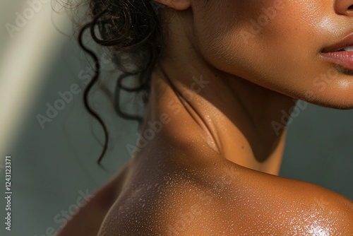 Wallpaper Mural Close up portrait of a young woman with glowing skin and curly hair, evoking a sense of beauty and confidence against a soft background Torontodigital.ca