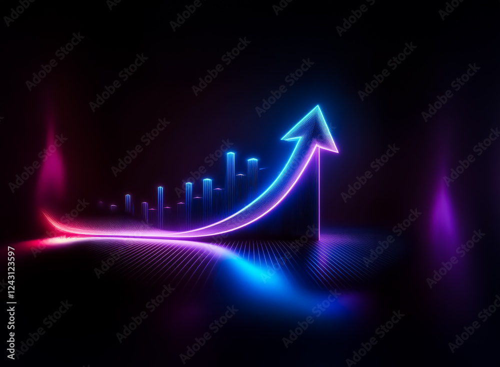 Naklejka premium Bright neon arrow, glowing pink and blue, curves upward against a dark backdrop. Bar graphs follow the arrow's path, suggesting growth and positive direction in a modern, vibrant style.