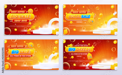 Collection of discount sale promo banner templates. Collection of flash sale, big sale, super sale, and mega sale promo discounts with podium, spotlights, and realistic abstract backgrounds.