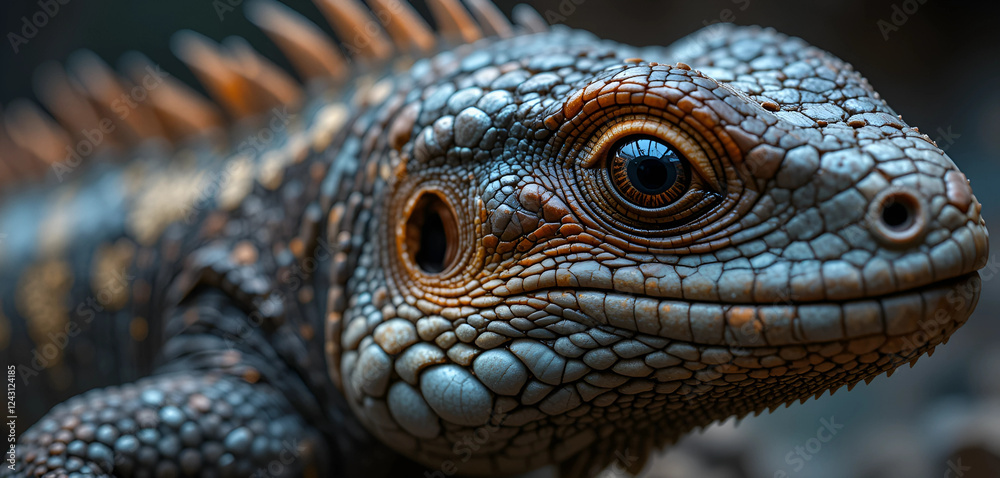 Fototapeta premium A highly detailed macro of a lizard’s skin, showcasing its rough, overlapping scales with rich textures and color variations.