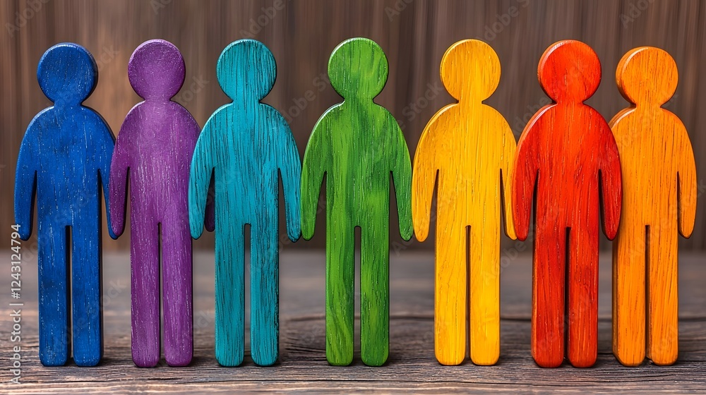 A group of multicolored wooden figures standing together symbolizing the concepts of diversity The warm gradient background adds a sense of harmony and inclusiveness to the conceptual