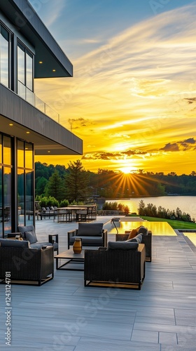Beautiful modern luxury home with a large outdoor patio overlooking the lake at sunset, comfortable seating and decor, offering a breathtaking view of the scenery