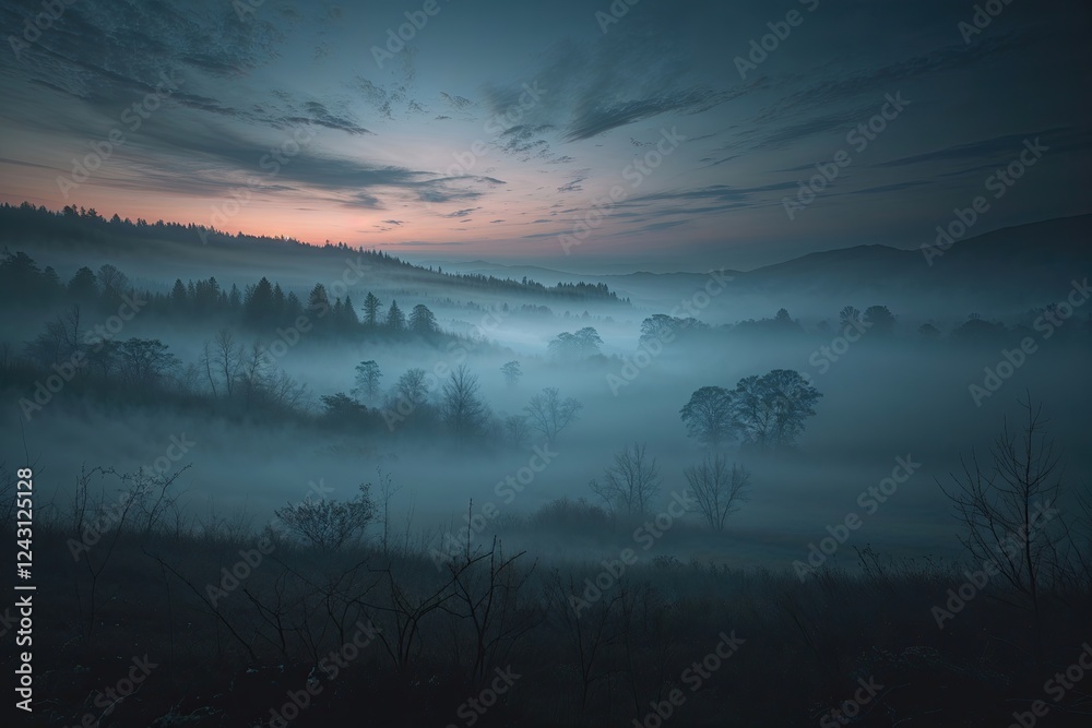Fototapeta premium Misty Twilight Landscape with Eerie Atmosphere and Dark Haze