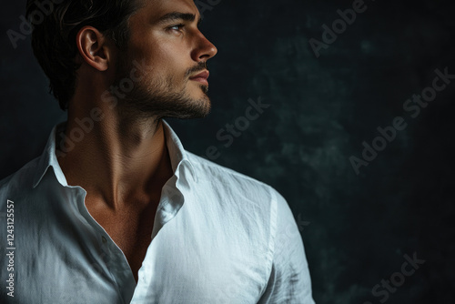 A handsome man with dark hair and a beard, wearing a crisp white shirt, gazes thoughtfully into the distance.