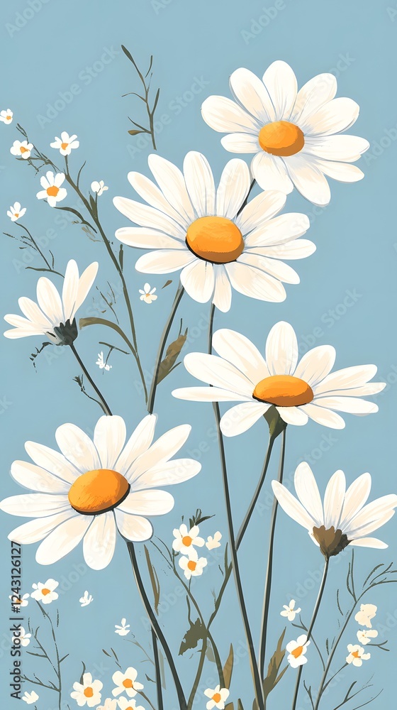 Obraz premium White daisies on a blue background, a detailed illustration 