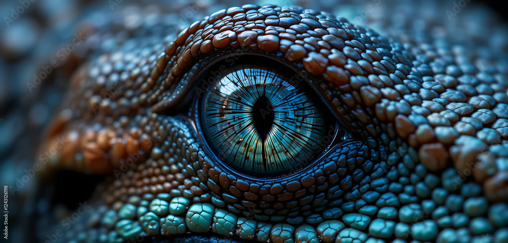 Fototapeta premium A striking macro shot of a reptile’s eye, showcasing the intricate scales around it and the deep, mesmerizing patterns of the iris.