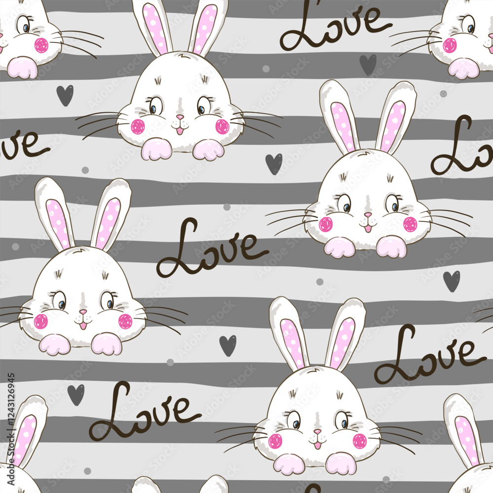 Obraz premium Seamless pattern with a cute cartoon bunny and the inscription love. Vector illustration. Creative childish background.