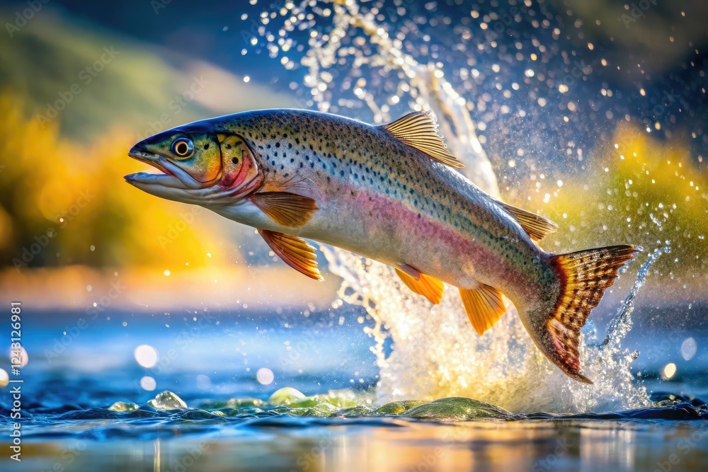 A leaping trout explodes from Jumping Trout Lake, a captivating wildlife action shot. A leaping trout explodes from Jumping Trout Lake, a captivating wildlife action shot.