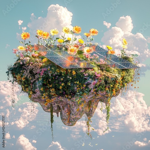 Surreal Island Landscape with Flowers and Solar Panels in Sky
