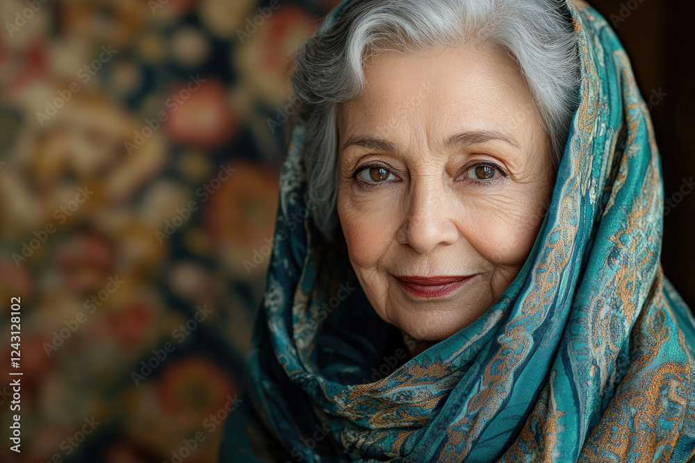 Portrait of a serene older woman, draped in a teal patterned shawl, exuding wisdom and grace. Portrait of a serene older woman, draped in a teal patterned shawl, exuding wisdom and grace.