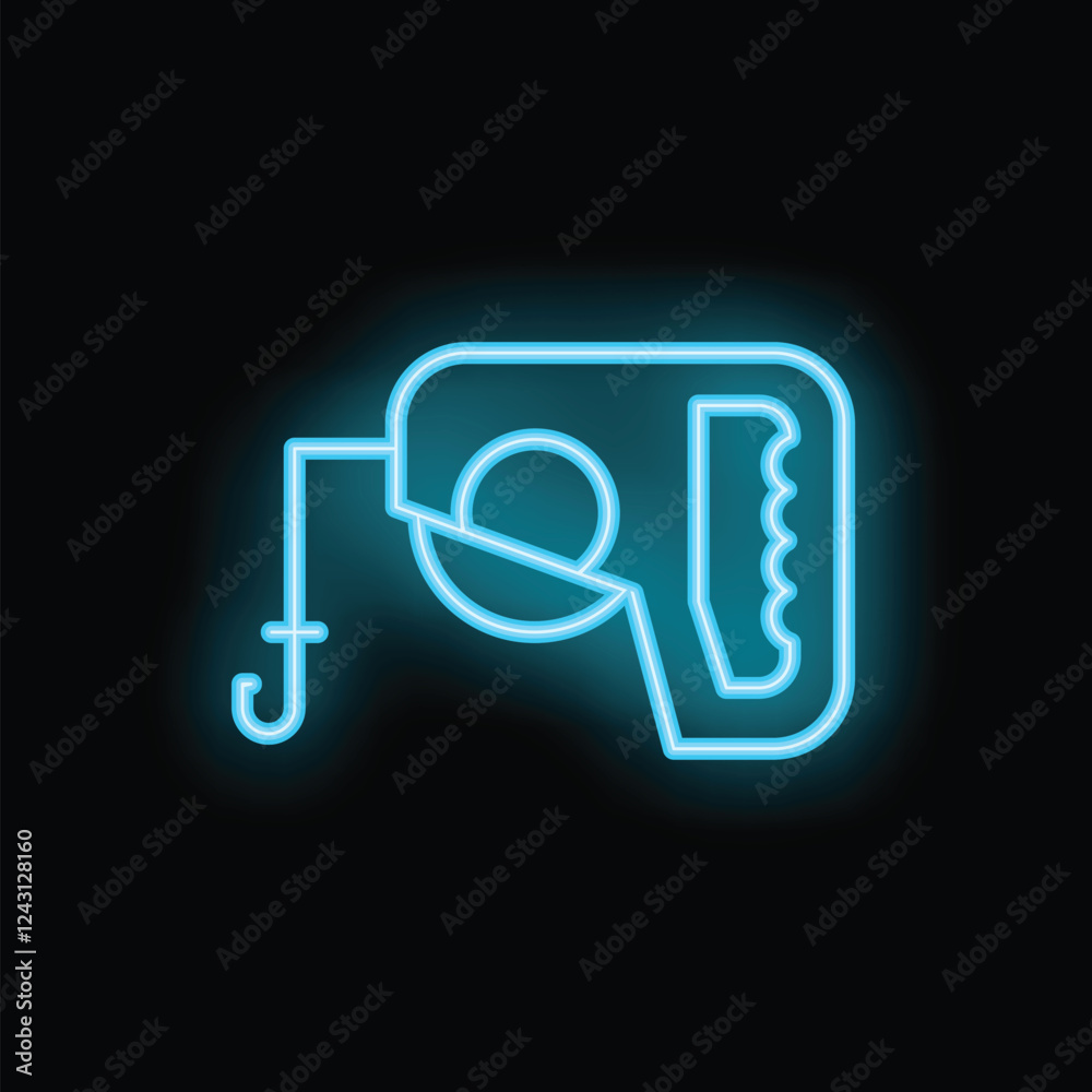 Blue neon sign depicting a fishing reel with fishing line extending to a hook against a black background Blue neon sign depicting a fishing reel with fishing line extending to a hook against a black background