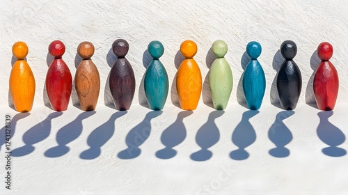 Close up of vibrant wooden figures casting shadows on a white surface representing the concepts of human connection relationship and unity within a diverse group