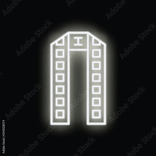 White neon sign showing a priest stole on black background