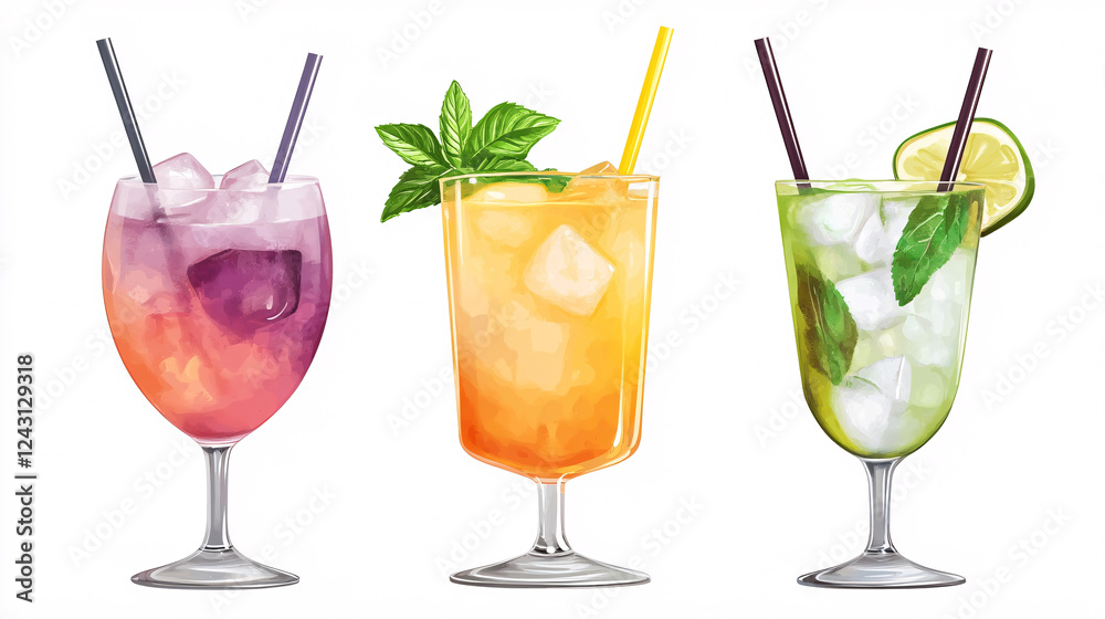 A set of three different colorful summer cocktails is displayed, complete with straws and mint leaves. A set of three different colorful summer cocktails is displayed, complete with straws and mint leaves.