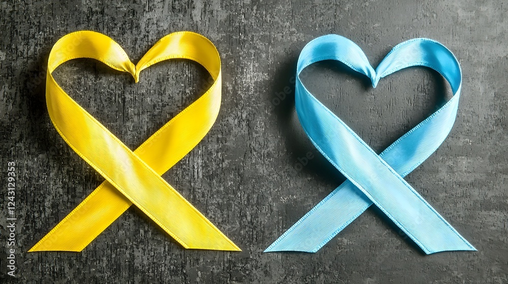 Conceptual design with yellow and blue ribbons forming a heart representing the awareness support and of the Down Syndrome community This abstract and minimalist imagery conveys themes of unity compa