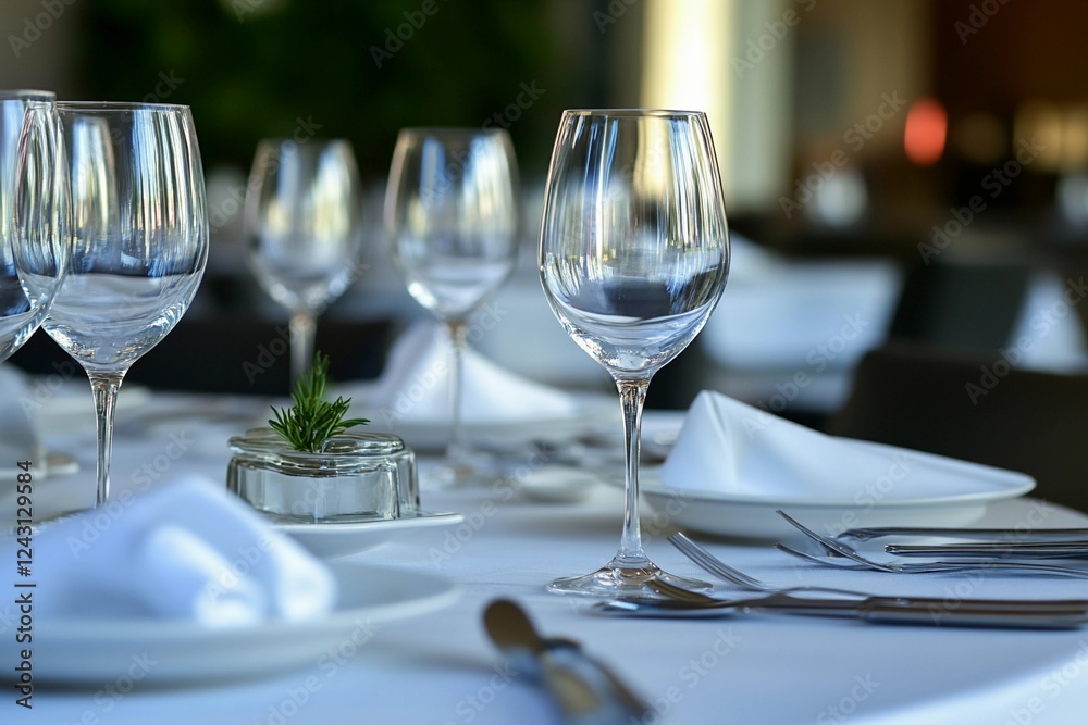 Elegant table setting featuring hand-made glassware and refined dinnerware in a contemporary dining area Elegant table setting featuring hand-made glassware and refined dinnerware in a contemporary dining area