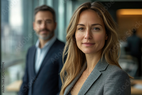 Confident businesswoman in a modern office setting  with a blurred male colleague in the background.