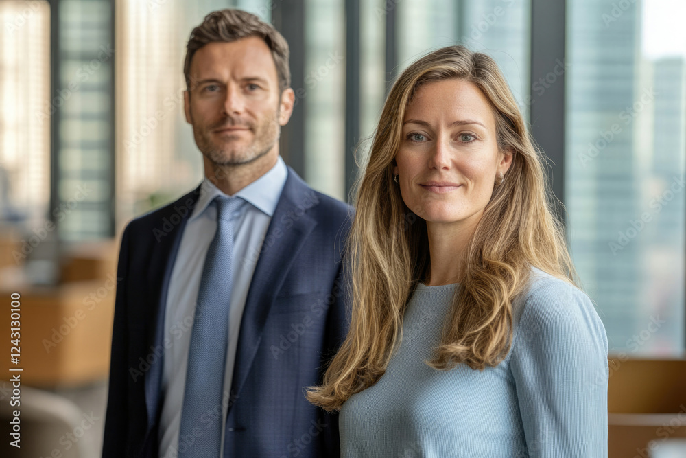 Portrait of a confident business man and woman standing together in a modern office. Portrait of a confident business man and woman standing together in a modern office.