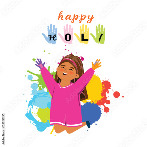 Happy girl playing Holi, tossing vibrant gulal powder, symbolizing the festive spirit of the Hindu spring festival. Design element for Holi greetings and social media promotions