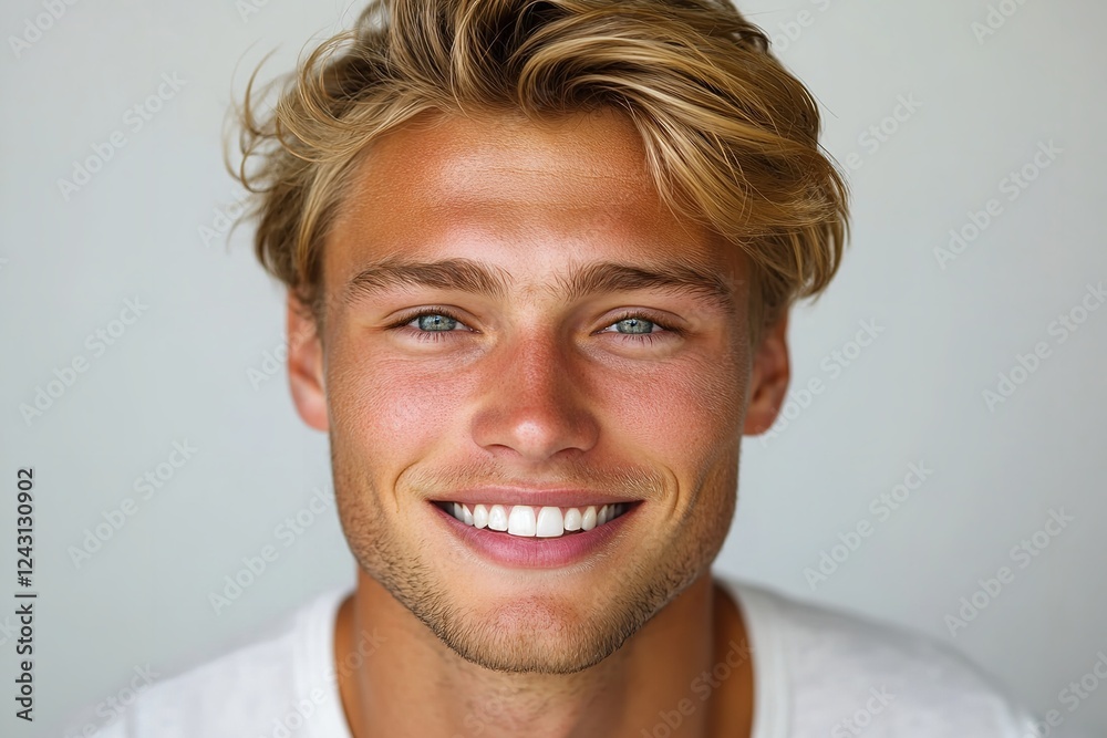 A close-up portrait of a handsome Scandinavian man with blonde hair, flashing a bright smile and clean teeth, ideal for a dental advertisement. Featuring stylish hair, and a white background. A close-up portrait of a handsome Scandinavian man with blonde hair, flashing a bright smile and clean teeth, ideal for a dental advertisement. Featuring stylish hair, and a white background.
