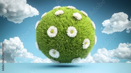 Obraz na płótnie Detailed 3D rendering of a globe covered with a lush carpet of grass and vibrant flowers highlighting the theme of eco friendly living sustainable development and environmental preservation w salonie