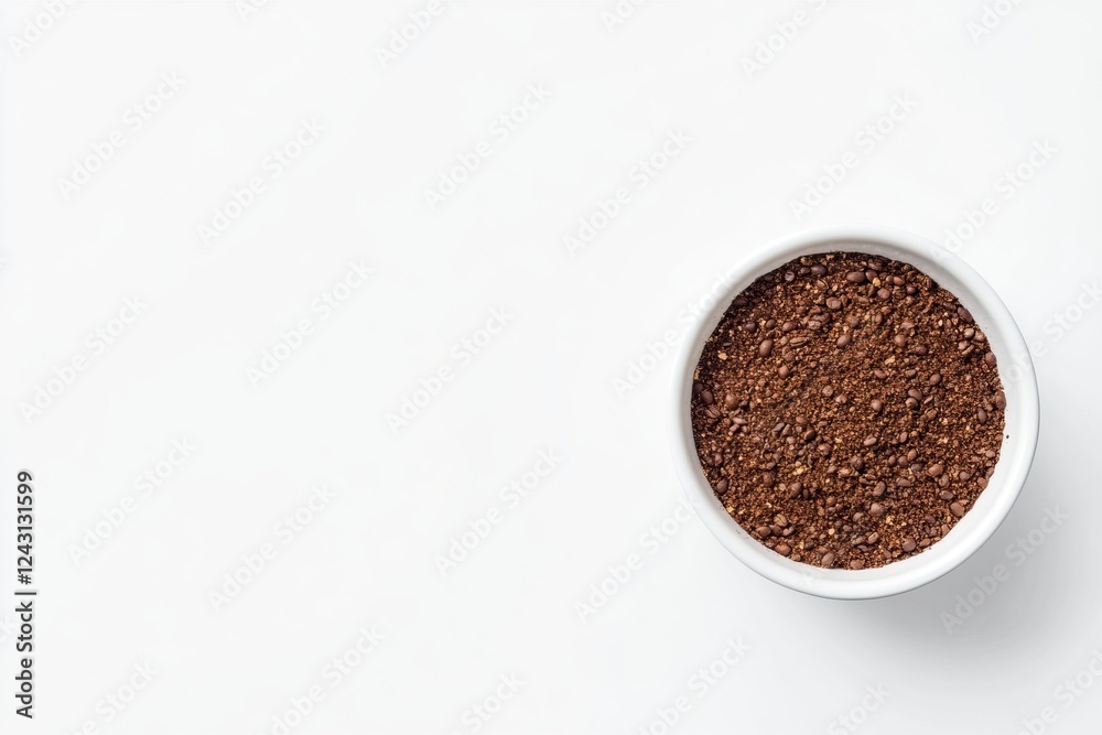 Bowl of ground coffee and some beans isolated on a white background, top view. Flat lay style. Stock photo with space for text Bowl of ground coffee and some beans isolated on a white background, top view. Flat lay style. Stock photo with space for text