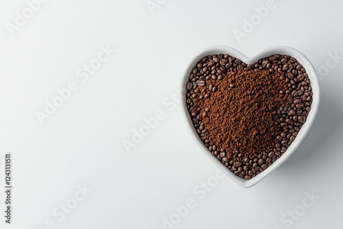 Bowl of ground coffee and some beans isolated on a white background, top view. Flat lay style. Stock photo with space for text