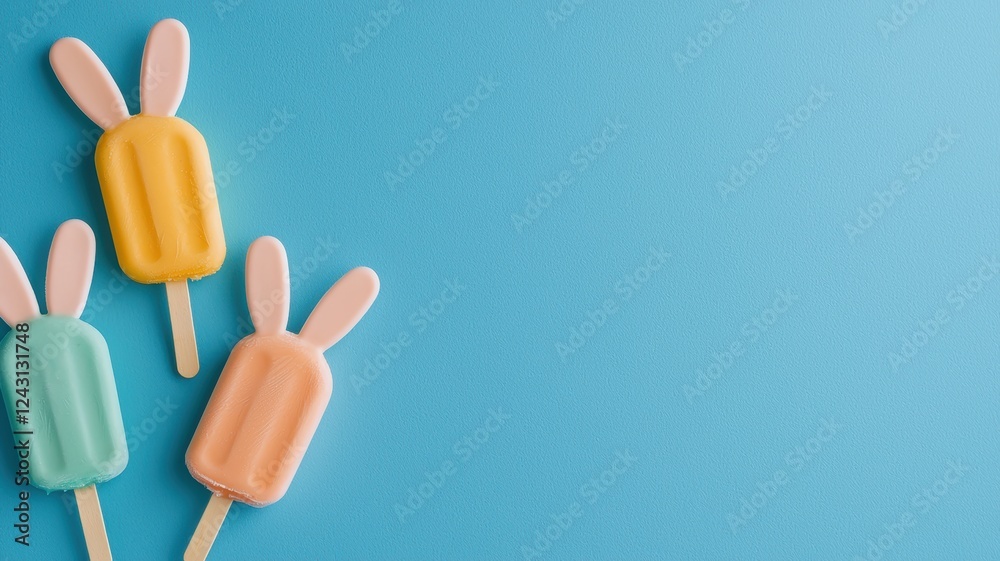 Fototapeta premium Colorful Easter bunny-shaped popsicles against a blue background for a playful summer vibe.