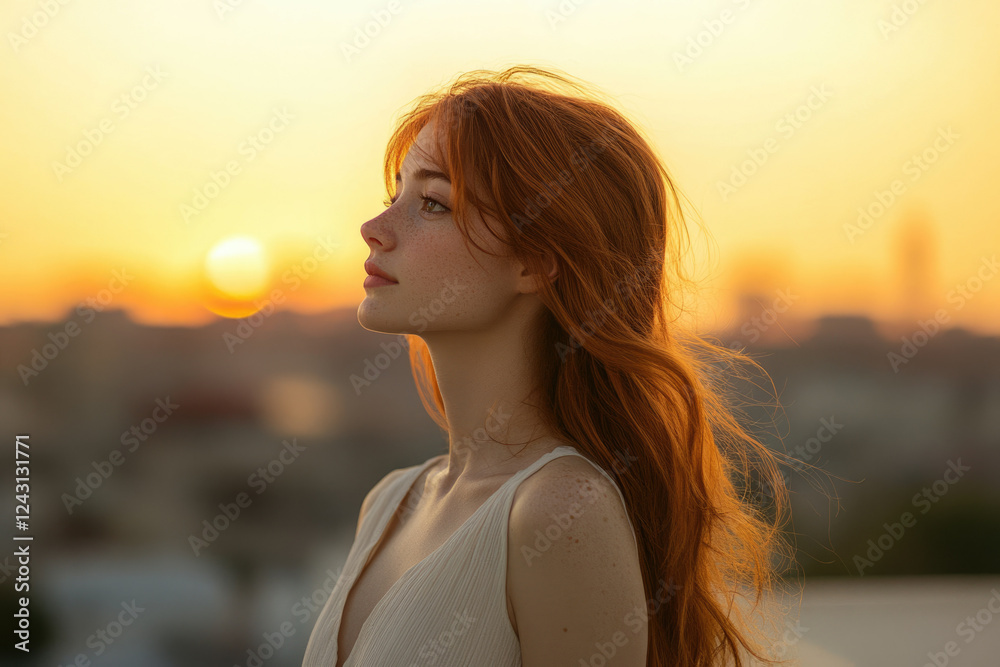 Redhead woman silhouetted against a sunset, gazing into the distance, serene and peaceful.