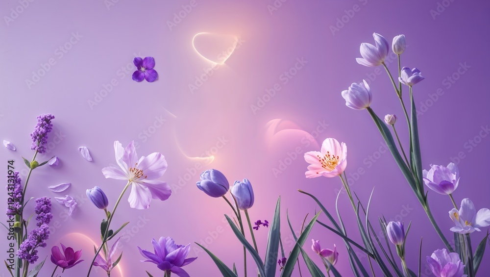 Fototapeta premium Serene Floral Scene with Lavender Tulips and Blossoms Against a Pastel Purple Backdrop