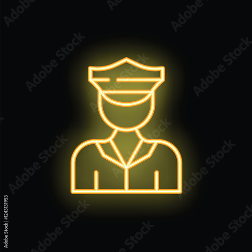 Yellow neon sign depicting the silhouette of a police officer wearing a uniform and a hat on a black background