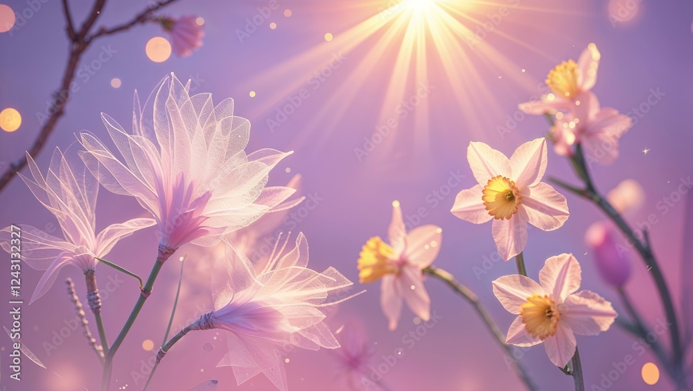 Obraz premium Pastel Floral Dreamscape with Daffodils Magnolias and Bokeh Lights Springtime Bliss