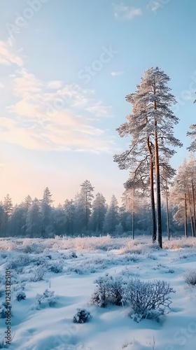 A serene winter landscape in the Scandinavian region, with snow-covered fields and forests
