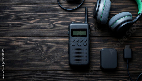 Essential communication tools: Walkie talkie and headphones on dark wood surface