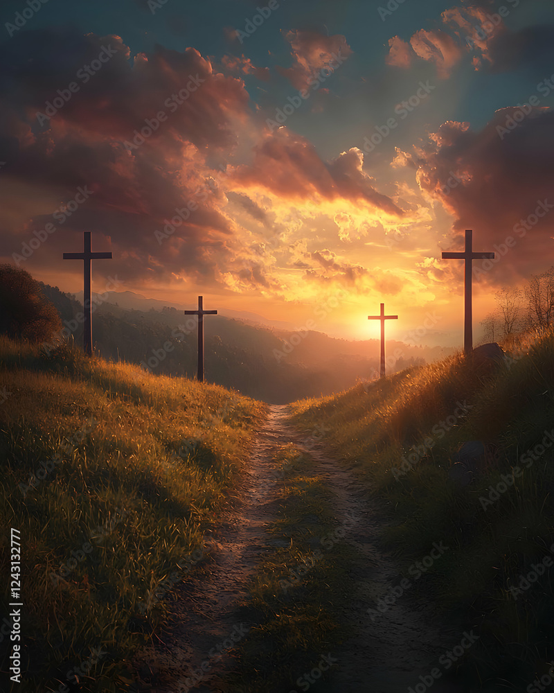 Sunset Path Crosses: Faith's Golden Hour Journey Sunset Path Crosses: Faith's Golden Hour Journey
