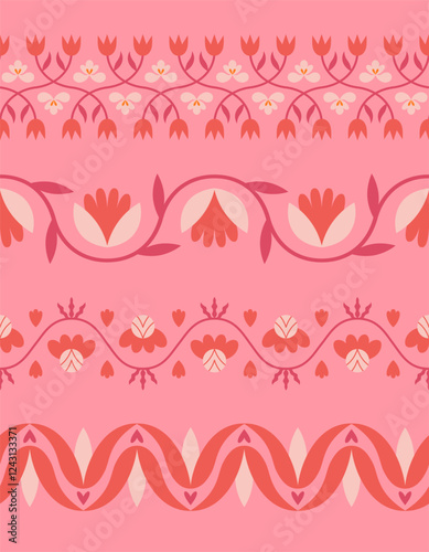 Folk floral seamless horizontal border collection. Set of traditional slavic scandinavian ornaments with rustic embroidery motifs. Clean flat minimal geometric shapes in unique elegant print.