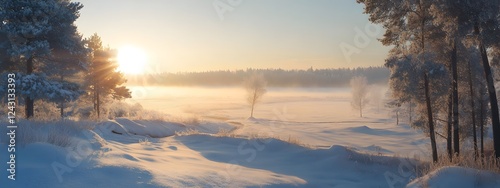 A serene winter landscape in the Scandinavian region, with snow-covered fields and forests
