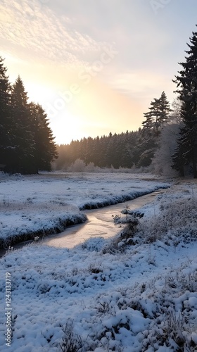 A serene winter landscape in the Scandinavian region, with snow-covered fields and forests
