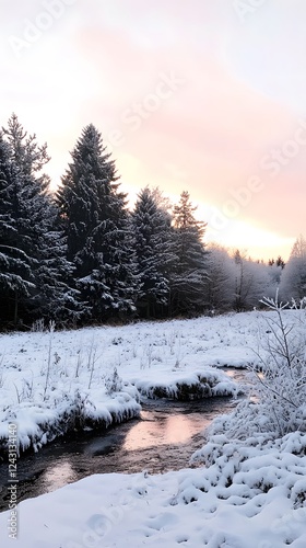 A serene winter landscape in the Scandinavian region, with snow-covered fields and forests
