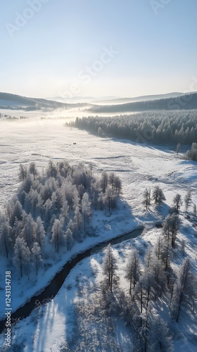 A serene winter landscape in the Scandinavian region, with snow-covered fields and forests
