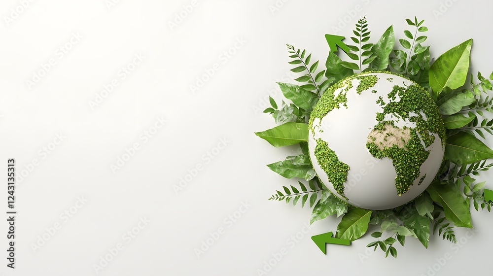 Glossy and colorful Earth globe encircled by green arrows emphasizing the concept of sustainability and eco friendly initiatives on a bright white background