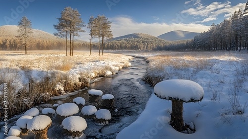 A serene winter landscape in the Scandinavian region, with snow-covered fields and forests
