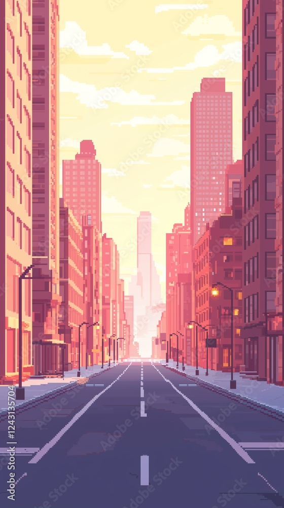 Fototapeta premium portrait of city buildings in pixel art style, pixel art city, pixel art game background, cyber city background, vintage 80s background