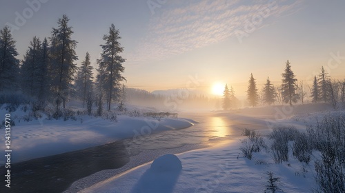 A serene winter landscape in the Scandinavian region, with snow-covered fields and forests
