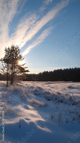 A serene winter landscape in the Scandinavian region, with snow-covered fields and forests
