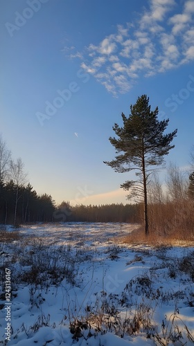 A serene winter landscape in the Scandinavian region, with snow-covered fields and forests
