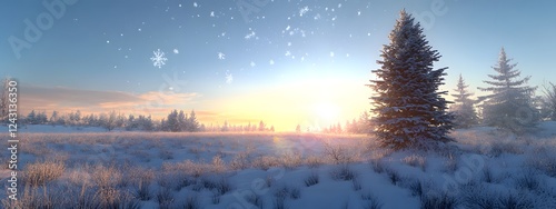 A serene winter landscape in the Scandinavian region, with snow-covered fields and forests
