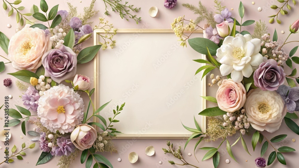 Elegant Floral Frame with Blank Canvas for Text or Image Featuring Delicate Pastel Roses, Peonies, and Greenery Elegant Floral Frame with Blank Canvas for Text or Image Featuring Delicate Pastel Roses, Peonies, and Greenery