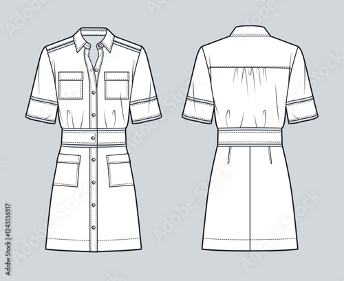 Women's Shirt Dress technical fashion illustration. Cargo mini Dress fashion flat technical drawing template, short sleeves, button-up, pockets, front and back view, white, women, girl CAD mockup.